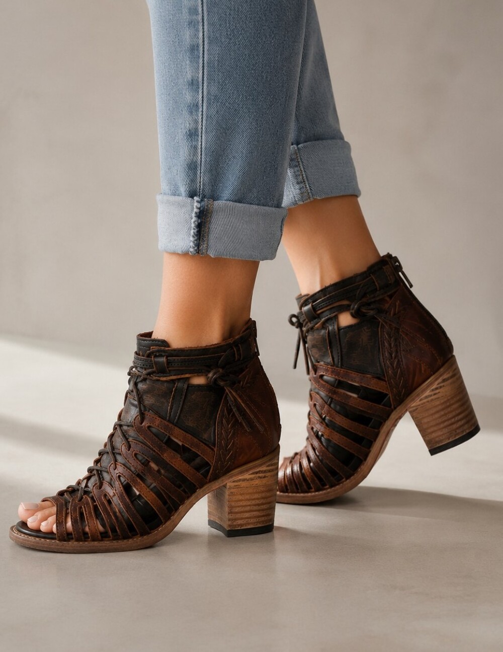 Freebird Wazee Leather Gladiator Heeled Peep Toe Brown Ankle Boots Size 7 Boho
